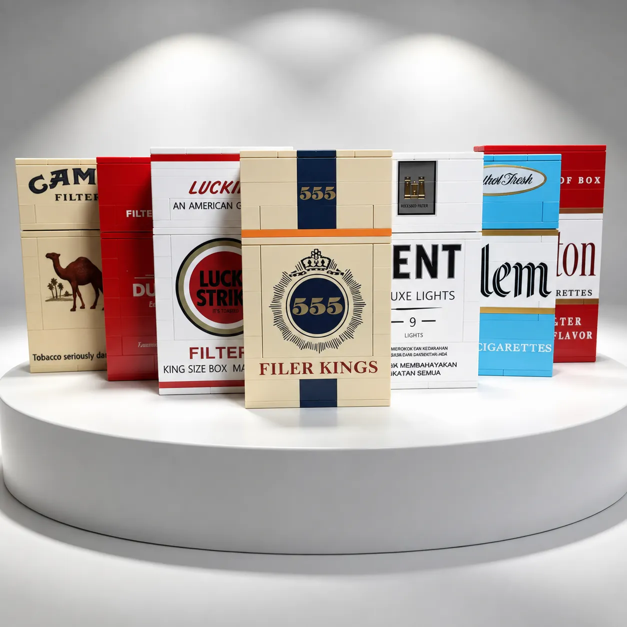 All seven brick-built pack kits lined up on a studio podium