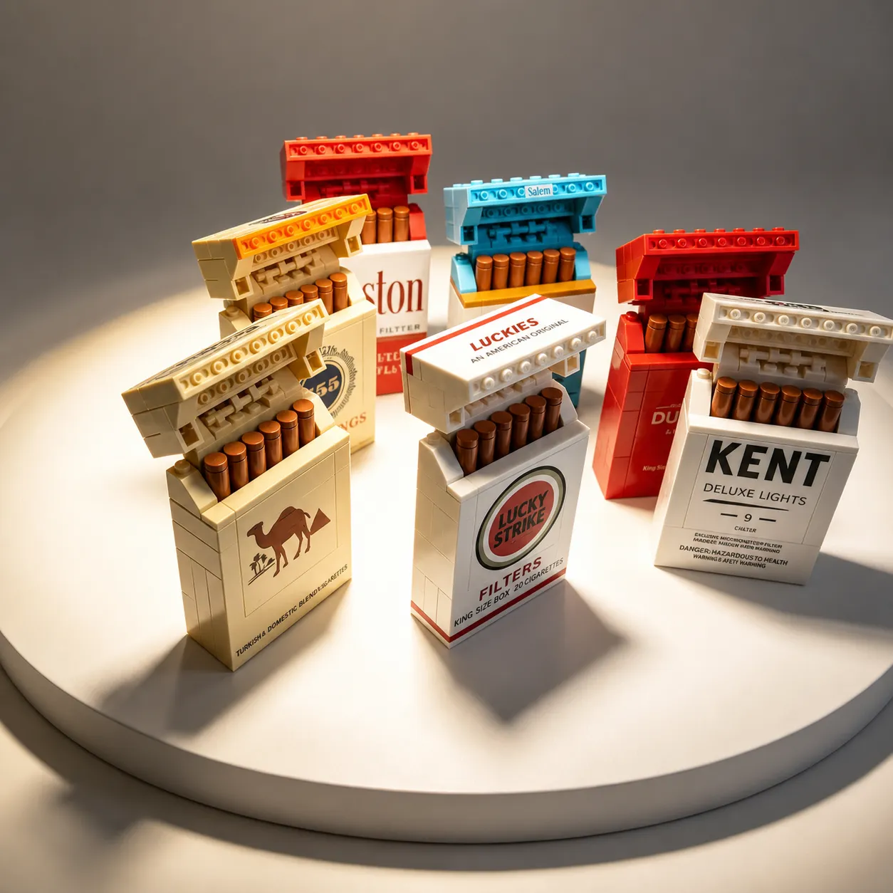 The full set of brick-built packs arranged with lids open